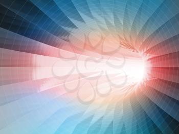 Abstract digital background. Turning tunnel with colorful reflections pattern and wire-frame lines. 3d illustration