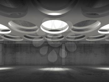 Empty dark concrete hall interior with round lamps in suspended ceiling, 3d illustration background, front view