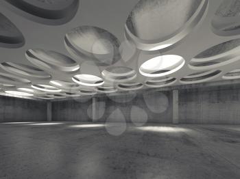Empty dark concrete hall interior with round lamps in white suspended ceiling, 3d illustration background, wide angle view