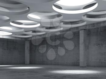 Empty dark concrete hall interior with big round lamps in white suspended ceiling, 3d illustration background