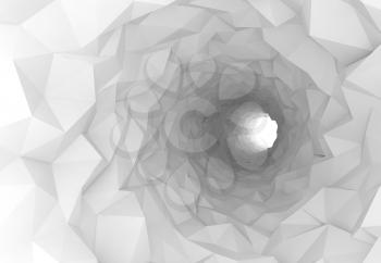 Turning white tunnel interior with chaotic polygonal surface. Digital 3d illustration