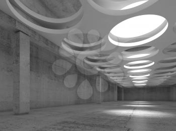 Empty concrete hall interior with big round illuminators in suspended ceiling, 3d illustration background