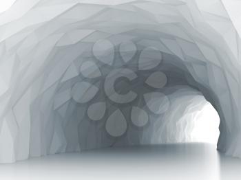 Turning light blue tunnel interior with chaotic polygonal relief of walls. Digital 3d illustration