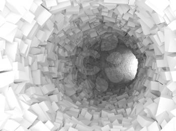 Abstract white tunnel interior with walls made of technological chaotic blocks. Digital 3d illustration