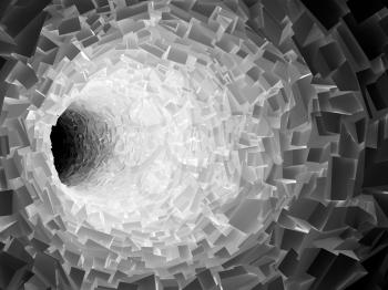 Abstract black tunnel interior with chaotic polygonal crystal surface. Digital 3d illustration