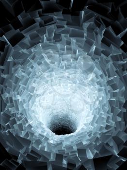 Abstract black tunnel interior with chaotic polygonal surface and blue neon illumination. Digital 3d illustration