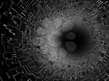 Abstract black digital tunnel interior, high-tech structures and dark end. 3d illustration