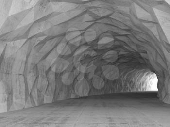 Turning concrete tunnel interior with chaotic polygonal relief on walls. 3d illustration