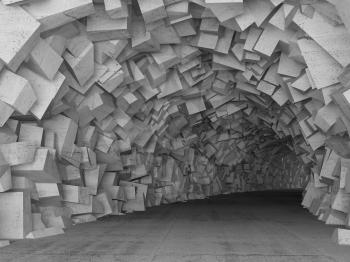 Turning concrete tunnel interior with walls made of chaotic blocks. 3d illustration