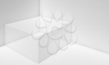 Abstract white empty interior background with transparent box in a corner, soft illumination. 3d illustration