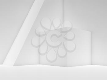 Abstract white empty interior background with simple geometric shapes in a corner and soft illumination, 3d illustration