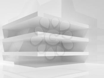 Abstract white shining room interior with empty shelves construction, 3d illustration