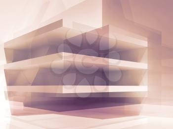 Abstract colorful shining room interior with empty shelves construction, 3d render illustration