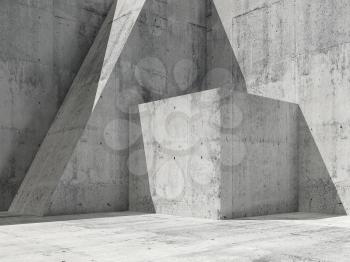 Abstract empty concrete interior with geometric shapes, square 3d render illustration, modern architecture background 