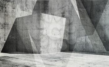 Abstract empty interior background with chaotic concrete structures, 3d illustration, multi exposure effect
