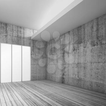 Empty white interior background with wooden floor, concrete walls and ceiling illumination, square composed 3d render illustration