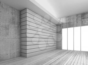 Empty white interior background with wooden floor, concrete walls and decorative beams, 3d render illustration