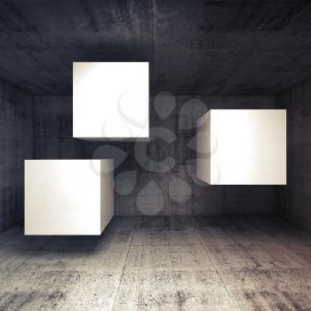 Abstract dark concrete interior with three white flying cubes as a banners place, 3d illustration background