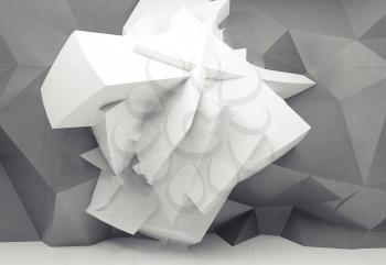 Abstract white background with white chaotic polygonal structure on gray structured wall, 3d illustration