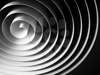 White 3d spiral made of paper tape with dark shadows over black background, abstract digital illustration