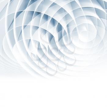 White 3d spirals with light blue shadows, abstract digital illustration, square background pattern