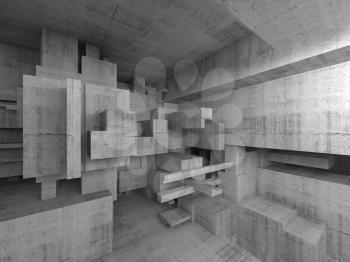 Abstract concrete interior with chaotic cubes constructions, high-tech concept, digital 3d illustration