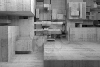 Abstract empty concrete interior with chaotic cubes constructions, high-tech concept, digital 3d illustration