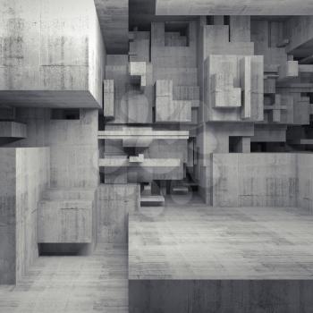 Abstract empty concrete interior with chaotic cubes constructions, high-tech concept, digital square 3d illustration