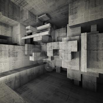 Abstract empty concrete interior with chaotic cubes constructions, high-tech concept, 3d illustration