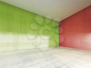 Abstract modern interior, empty room with red and green concrete walls. 3d render illustration