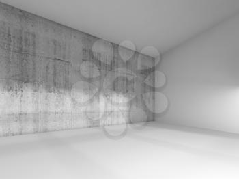 Abstract modern interior, empty room with white floor, ceiling one uncolored concrete wall. 3d render illustration