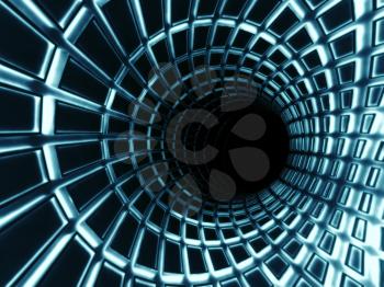 Abstract black digital tunnel interior with blue neon lighting. 3d illustration