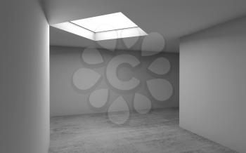 Abstract contemporary architectural background, empty room interior. Concrete floor, white walls and square ceiling light window. 3d render illustration