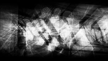 Abstract black and white artistic digital background, high-tech cg concept with chaotic polygonal structures and wire-frame lines, 3d illustration useful as a screen wallpaper