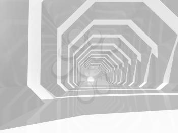 Abstract computer graphic background. Empty white tunnel perspective, 3d illustration