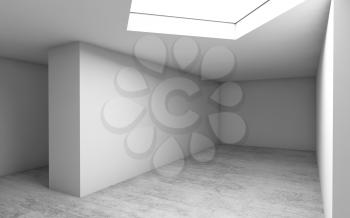 Abstract contemporary architectural background, empty room interior. Concrete floor, white walls and square ceiling light window. 3d render illustration