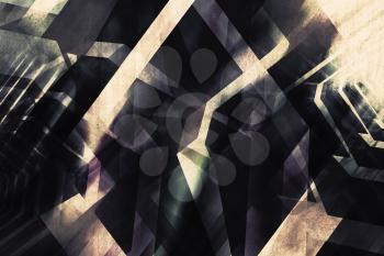 Abstract dark digital background, high-tech computer graphic concept with glowing chaotic polygonal structures, 3d illustration useful as a screen wallpaper