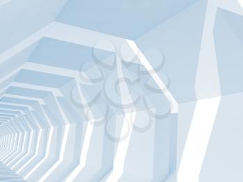 Abstract blue toned digital background, empty white tunnel perspective, 3d render illustration