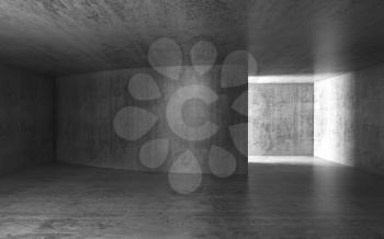 Abstract dark room with glowing doorway, concrete interior background, 3d render illustration