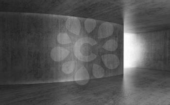 Abstract dark room with glowing doorway, empty concrete interior, 3d render illustration