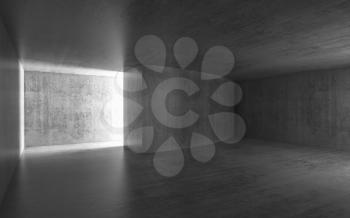 Abstract dark room with glowing doorway, empty concrete interior background, 3d illustration