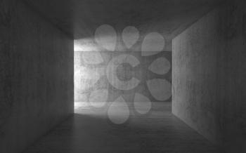 Abstract dark empty concrete hall interior background, corridor with glowing doorway, 3d render illustration