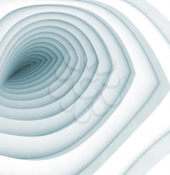 Abstract digital background, white bent tunnel with blue shadows, 3d illustration