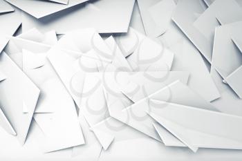 Abstract white computer graphic background. Wall made of chaotic polygonal elements. 3d illustration
