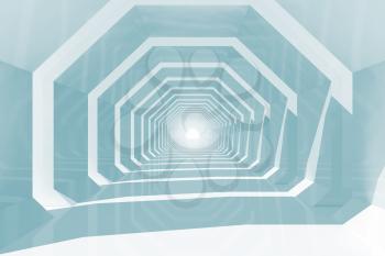 Abstract blue toned computer graphic background with empty shining tunnel perspective, 3d render illustration