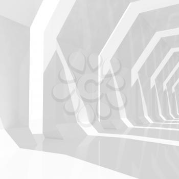 Abstract digital graphic square background with empty white shining tunnel interior perspective, 3d render illustration