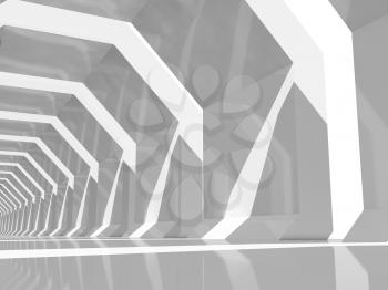 Abstract digital graphic background with empty white shining tunnel interior perspective, 3d render illustration