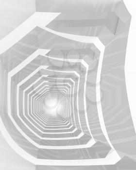 Abstract hypnotic cg background with empty white bent tunnel perspective, 3d illustration