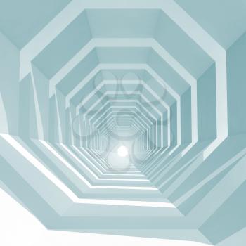 Abstract blue toned square cg background with empty octagonal tunnel interior perspective, 3d illustration
