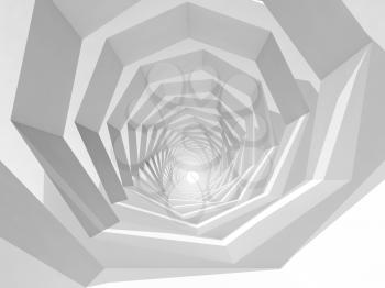 Abstract hypnotic cg background with empty white swirl tunnel interior perspective, 3d illustration
